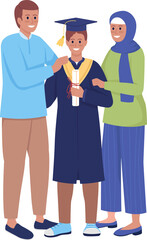 Parents and son graduate semi flat color raster characters. Standing figures. Full body people on white. Graduation ceremony simple cartoon style illustration for web graphic design and animation