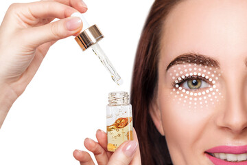 Cosmetics serum applying o skin undre eyes of young woman.