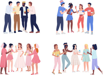 Friends having fun at party semi flat color raster characters set. Standing figures. Full body people on white. Celebration simple cartoon style illustration for web graphic design and animation pack