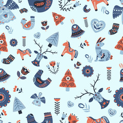 Christmas Scandinavian Pattern, Repeated Background with Cute Xmas Decor and Items. Angel, Tree, Reindeer and Rabbit