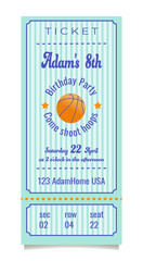 Ticket for basketball theme  Birthday party invite template  Entrance invitation and admission Vector illustration Isolated on white background