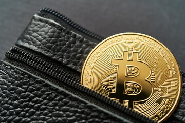 a bitcoin protruding from a leather wallet, Virtual cryptocurrency concept