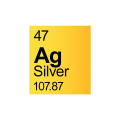 Silver chemical element of Mendeleev Periodic Table on yellow background.
