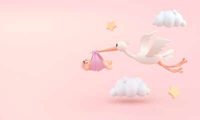 Stork Carrying Baby. 3D Illustration