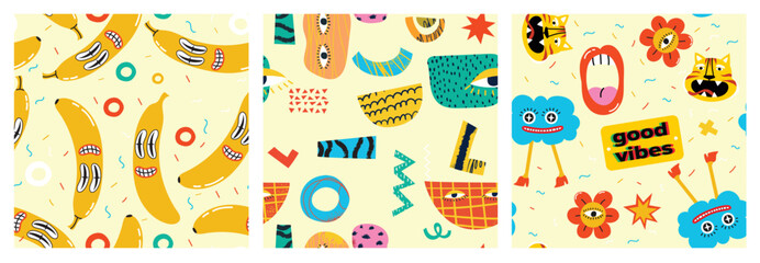 Seamless pattern with crazy comic faces, creepy characters and colorful geometric shapes with outline. Mosaic texture in complementary bright and black colors.