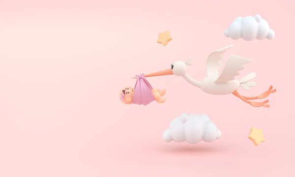 Stork Carrying Baby. 3D Illustration