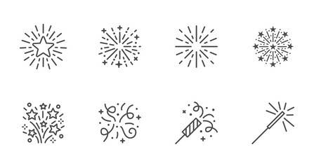 Firework line icon set. Christmas sparkler confetti, firecracker minimal vector illustration. Simple outline sign for New Year celebration party. Editable Stroke - obrazy, fototapety, plakaty