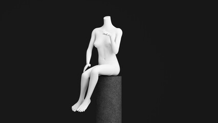 Naklejka premium Statue of model mannequin in white for showcasing fashion clothes in an abstract concept. on stone pallet product stand. isolate on black background. 3d rendering