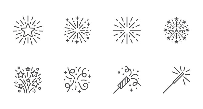 Firework line icon set. Christmas sparkler confetti, firecracker minimal vector illustration. Simple outline sign for New Year celebration party. Editable Stroke