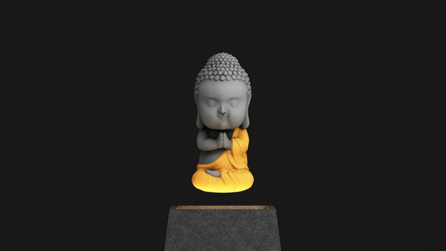 buddha cartoon in a smiling face that seemed calm and kind floating on a pedestal glowing with light on a black background. 3d rendering