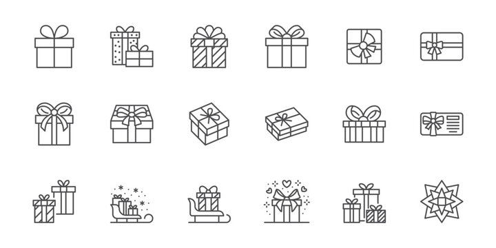 Gift line icon set. Christmas present box wrap, discount card certificate minimal vector illustration. Simple outline sign for New Year giftbox. Editable Stroke