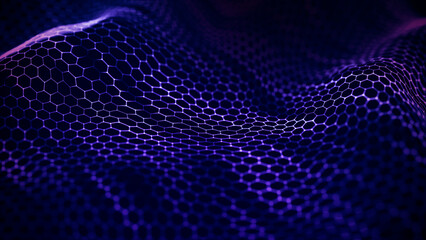 Abstract wave of connected hexagons. Futuristic polygonal background. Artificial intelligence. Big data technology. 3d rendering