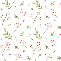 Watercolor Seamless Pattern with Red Berry and green Leaves on white Background. Botanical Backgrop for design