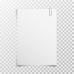 White realistic blank paper page with metal clip holder on transparent background. A4 size sheet paper with shadow. Mockup template for your design. Vector illustration