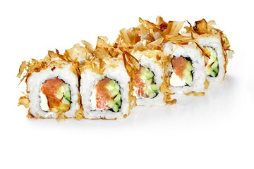 Rolls in smoked bonito flakes with salmon, cream cheese and cucumbers