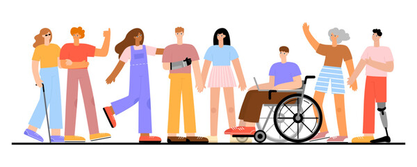 Multiracial group of people with disabilities. Set of different people. Flat vector illustration
