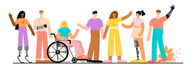 Multiracial group of people with disabilities. A set of different people with prosthetic arms, legs, in a wheelchair. Flat vector illustration