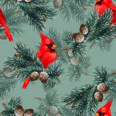 Seamless pattern. Cardinal birds and Fir branches. Christmas background.