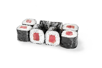 Classic maki sushi rolls with raw tuna wrapped in rice and nori