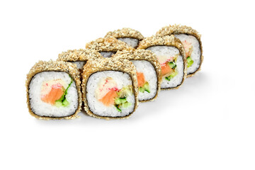 Deep-fried rolls with salmon, crab meat, cucumbers and lettuce in panko breadcrumbs