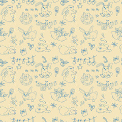 Drawn Christmas seamless pattern with bunnies. Snowflakes. Rabbits. Christmas. New Year. Chinese New Year. Symbol of the year. Winter print.