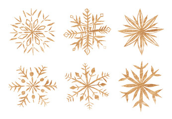 Collection of six Golden Snowflakes in Watercolor. Isolated on white. Symbol of Winter.