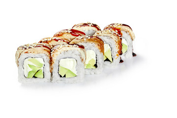 Philadelphia sushi rolls with eel, cream cheese, avocado, unagi sauce and sesame