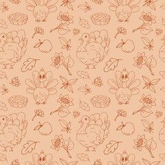 Thanksgiving Day seamless vector pattern. Turkey. Wreath on the door. Gift wrapping paper. Thanksgiving Day. Doodle. Pink background. Web.