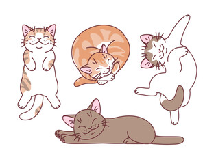 Four cartoon sleeping cats minimal vector illustration. Doodle cartoon cats series.