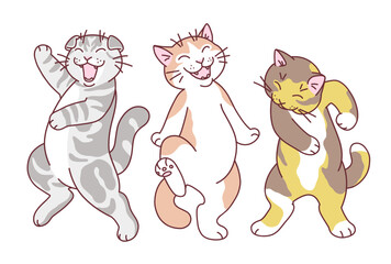 Three cartoon dancing cats minimal vector illustration. Doodle cartoon cats series.