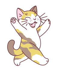 Happy walking tricolor cat vector illustration. Doodle cartoon cats series.