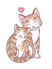 Cartoon mother cat and kitten vector illustration. Doodle cartoon cats series.