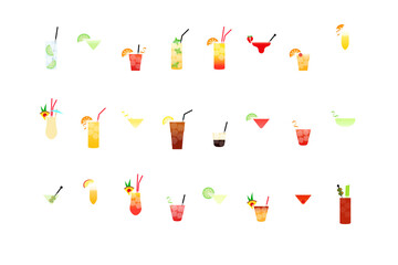 Most popular alcoholic cocktails part 2, icons set in flat style isolated PNG