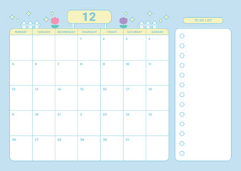 December 2022 calendar template design illustration in colorful and cute style. Notes, scheduler, diary, calendar, memo, planner document template background. 