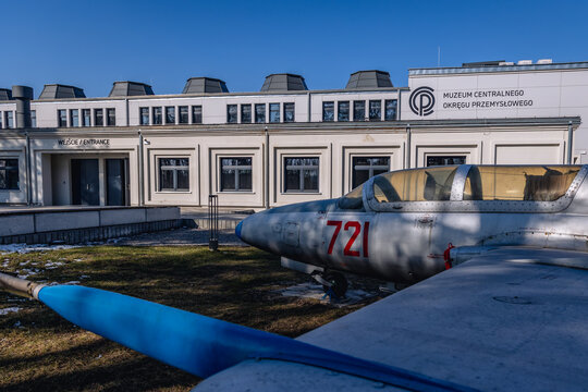Stalowa Wola, Poland - March 13, 2022: PZL TS-11 Iskra jet trainer plane in front of COP Museum of Central Industrial Region in Stalowa Wola city