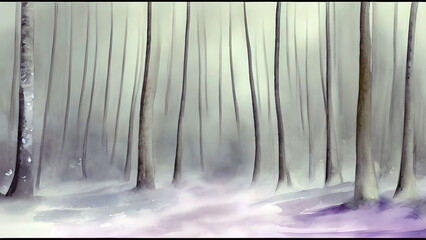 watercolor painting of landscape image for winter season, snowy woods look with Generative AI.