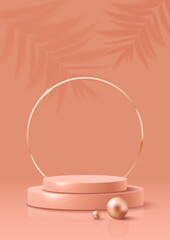Peachy Double Podium with Pearls for Your Product with Golden Ring Frame and Shadow Palm Leaves on Background. Vertical Banner. Vector Illustration.