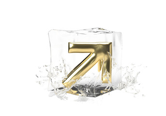 Gold arrow in cube of melting ice and drop water on isolated background. Idea for winter splash banner for your  business. 3d rendering