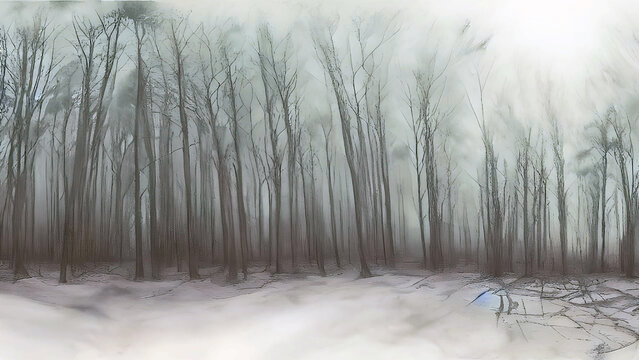 watercolor painting of landscape image for winter time, winter colors., snowy woods look.