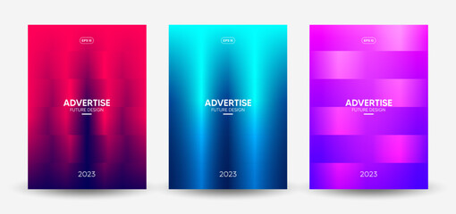 Set of three modern design templates. Creative glowing covers with gradients for banners, posters, flyers, brochures, and page layouts other. Vector, 2023