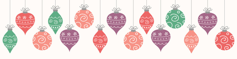 Hand drawn Christmas balls. Design of a panoramic header. Vector illustration