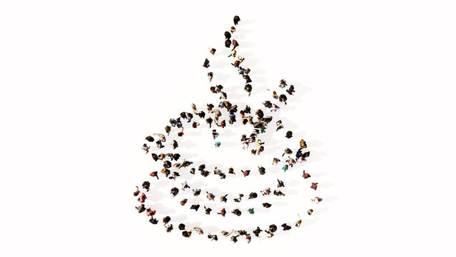 Concept or conceptual large community of people forming the image of a hot cup of tea on white background. A 3d illustration metaphor for traditional medicine, relaxation, health and diet