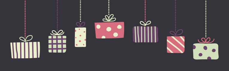 Christmas banner with hanging hand drawn gift boxes. Vector