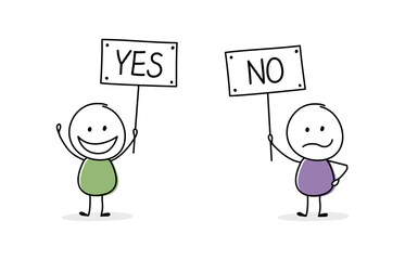Business discuss concept. Stickmen holding plate with text - yes and no. Vector