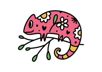 Cute quirky pink color chameleon baby character. Adorable hand drawn flat cartoon illustration isolated on white background. Little tropical reptile sitting on tree branch. Childish groovy style