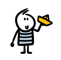 Funny boy in striped clothes holding paper ship in hand.