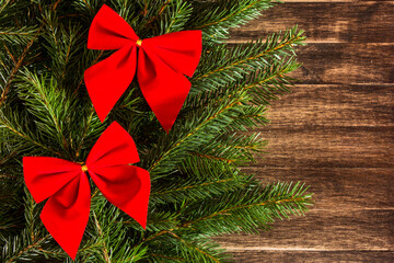 christmas background with red ribbon and bow