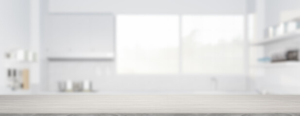 Fototapeta premium 3d rendering of maple wood counter, table top. Include blur kitchen, light from window. Modern interior design in perspective. Empty space with wooden texture pattern at surface for background.