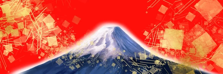Foto auf Acrylglas Antireflex お正月初日の出と美しい日本の富士山の風景画ワイドサイズイラストと日本画風金箔 © NORIMA
