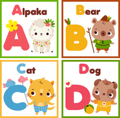 Kids Zoo english alphabet set. Children animals alphabet form letters A to D. Cute alpaka, bear, cat and dog educational cards for elementary school